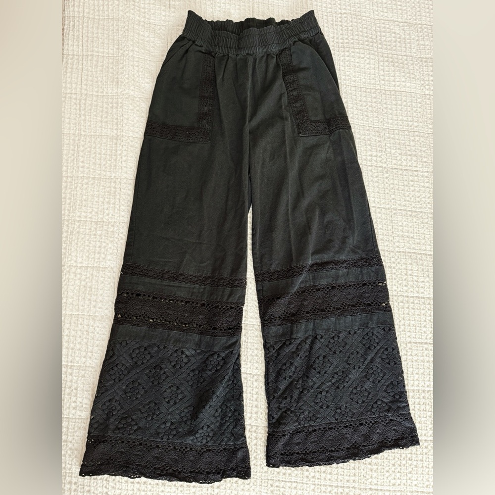 Black Pull On Pants with Crochet Detail